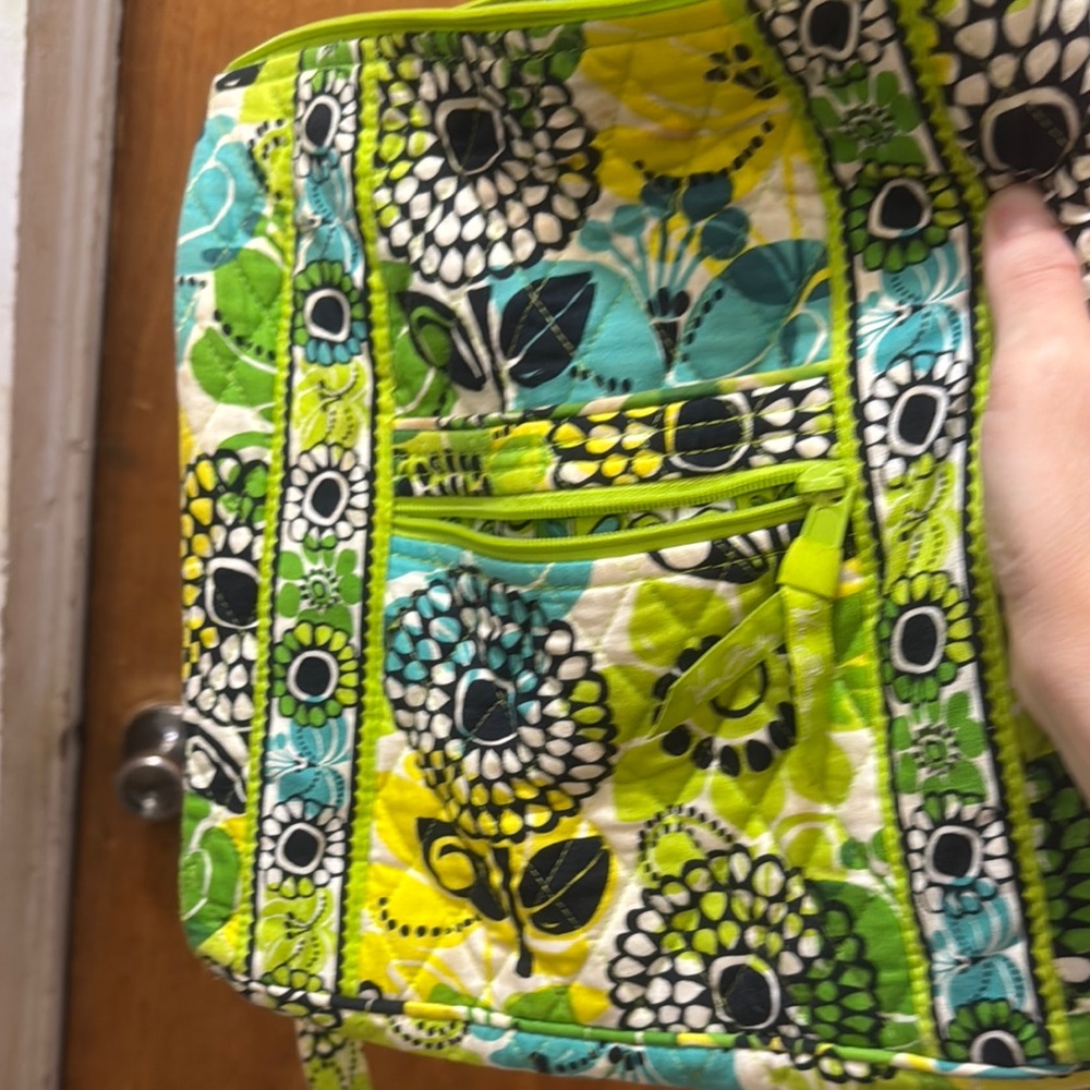 Vera Bradley Quilted Backpack in Green and Blue with Floral Geometric Design
